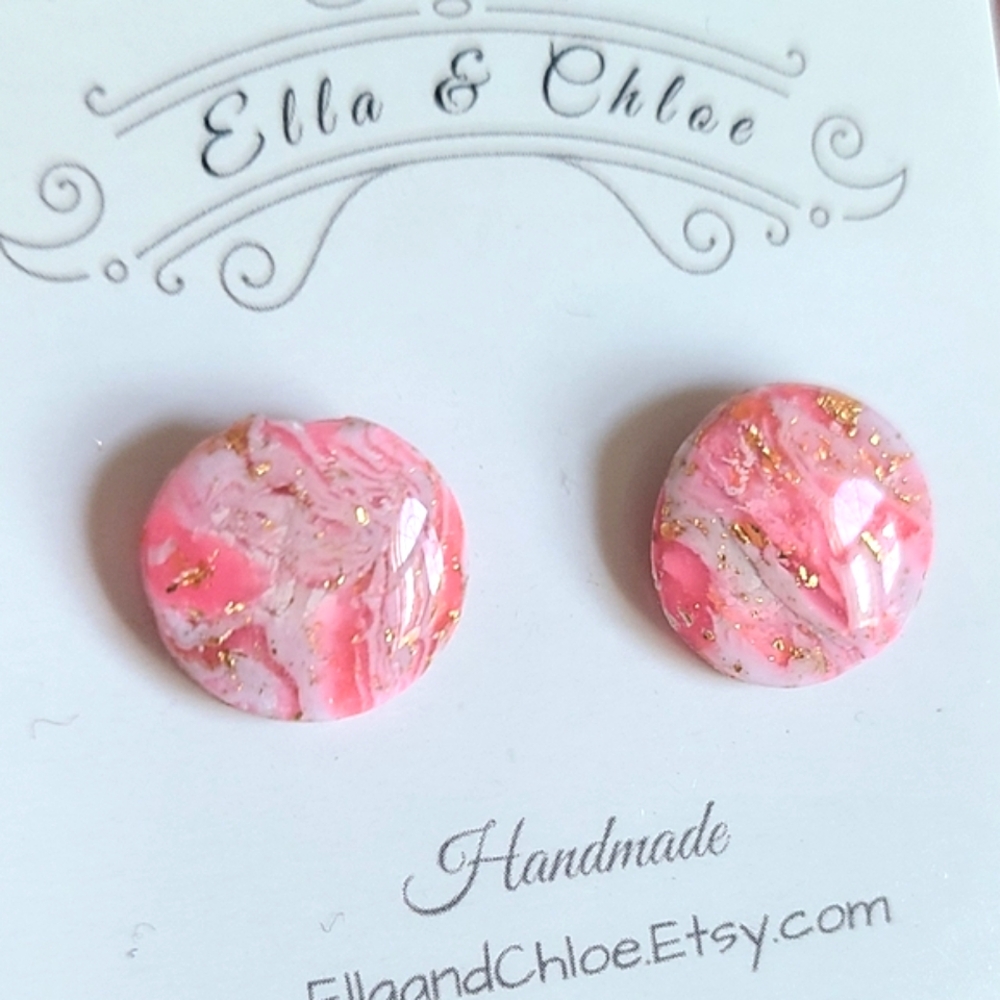 Handcraft Pink White Gold Agate Gemstone Round Mini Circle Resin Stud Earrings